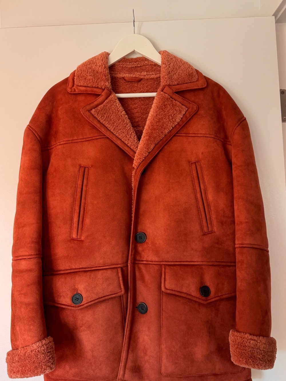 Zara Men's Shearling Pea Coat - Rust Orange